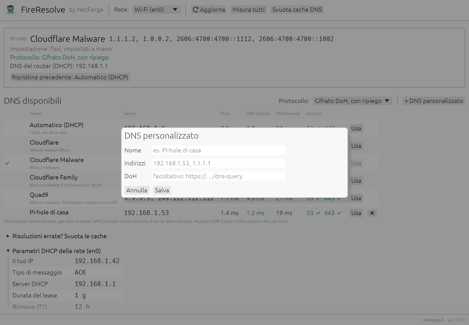 Aggiunta di un DNS personalizzato