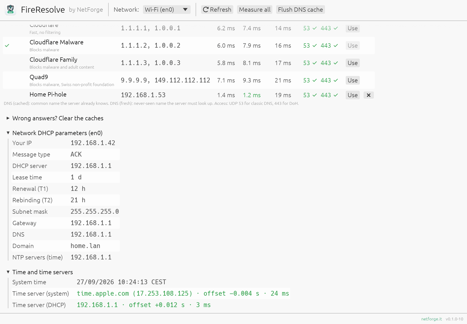 DHCP parameters of the network and clock check