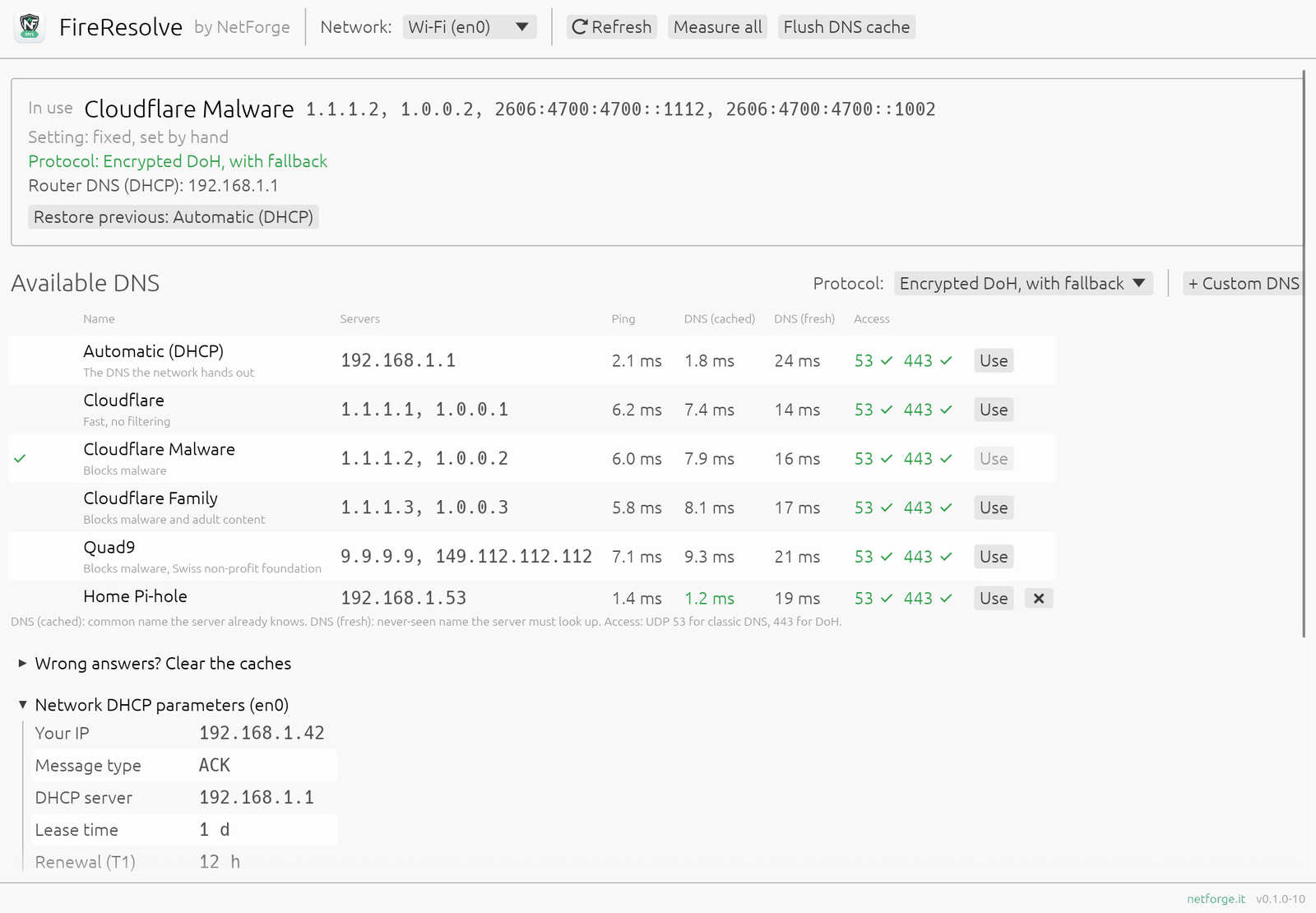 FireResolve: DNS in use, list of DNS providers with ping and response times