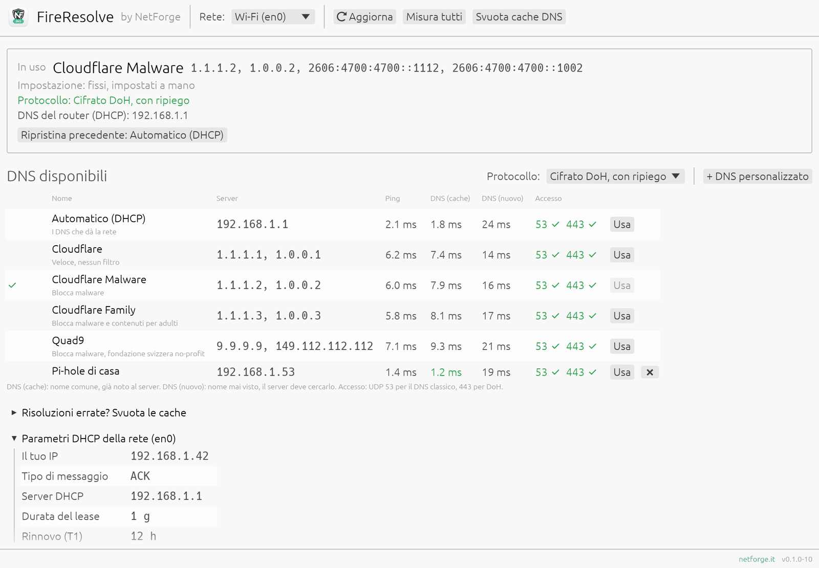 FireResolve: DNS in uso, elenco dei DNS con ping e tempi di risposta